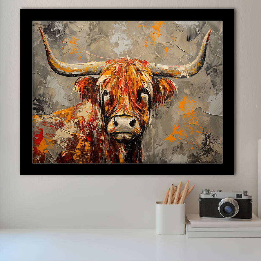 Highland Cow Longhorn Vintage Old Painting Style, Framed Art Print Wall Decor, Picture Framed Painting Art
