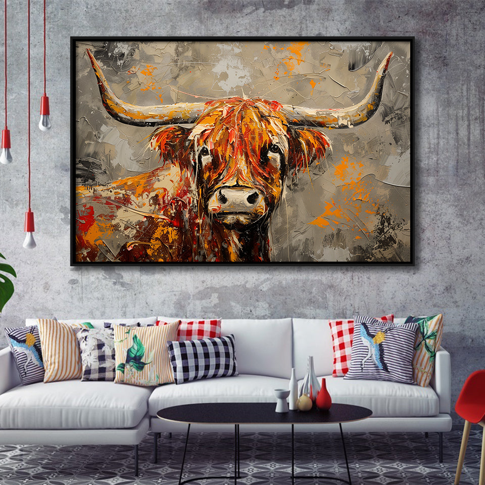 Highland Cow Longhorn Vintage Old Painting Style, Framed Canvas Print Wall Art Decor, Floating Frame Painting Canvas