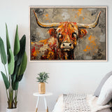 Highland Cow Longhorn Vintage Old Painting Style, Framed Canvas Print Wall Art Decor, Floating Frame Painting Canvas