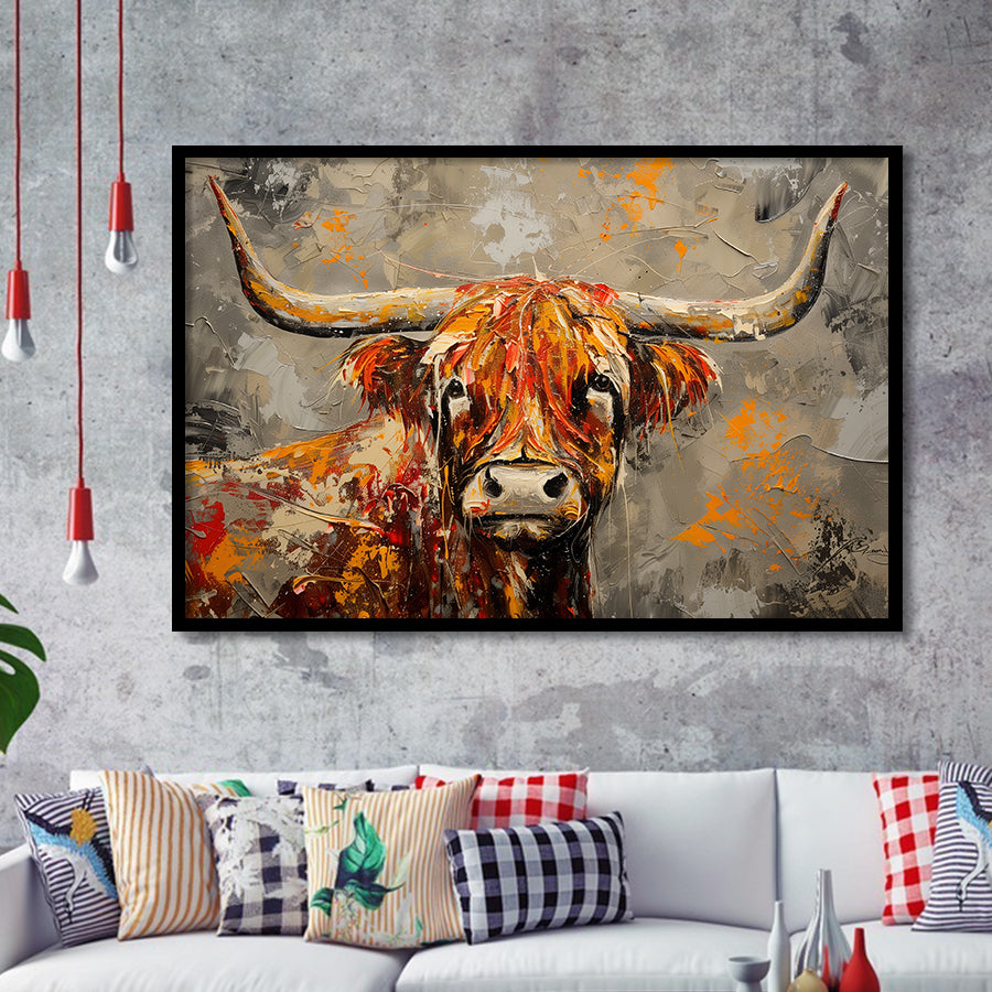 Highland Cow Longhorn Vintage Old Painting Style, Framed Art Print Wall Decor, Picture Framed Painting Art