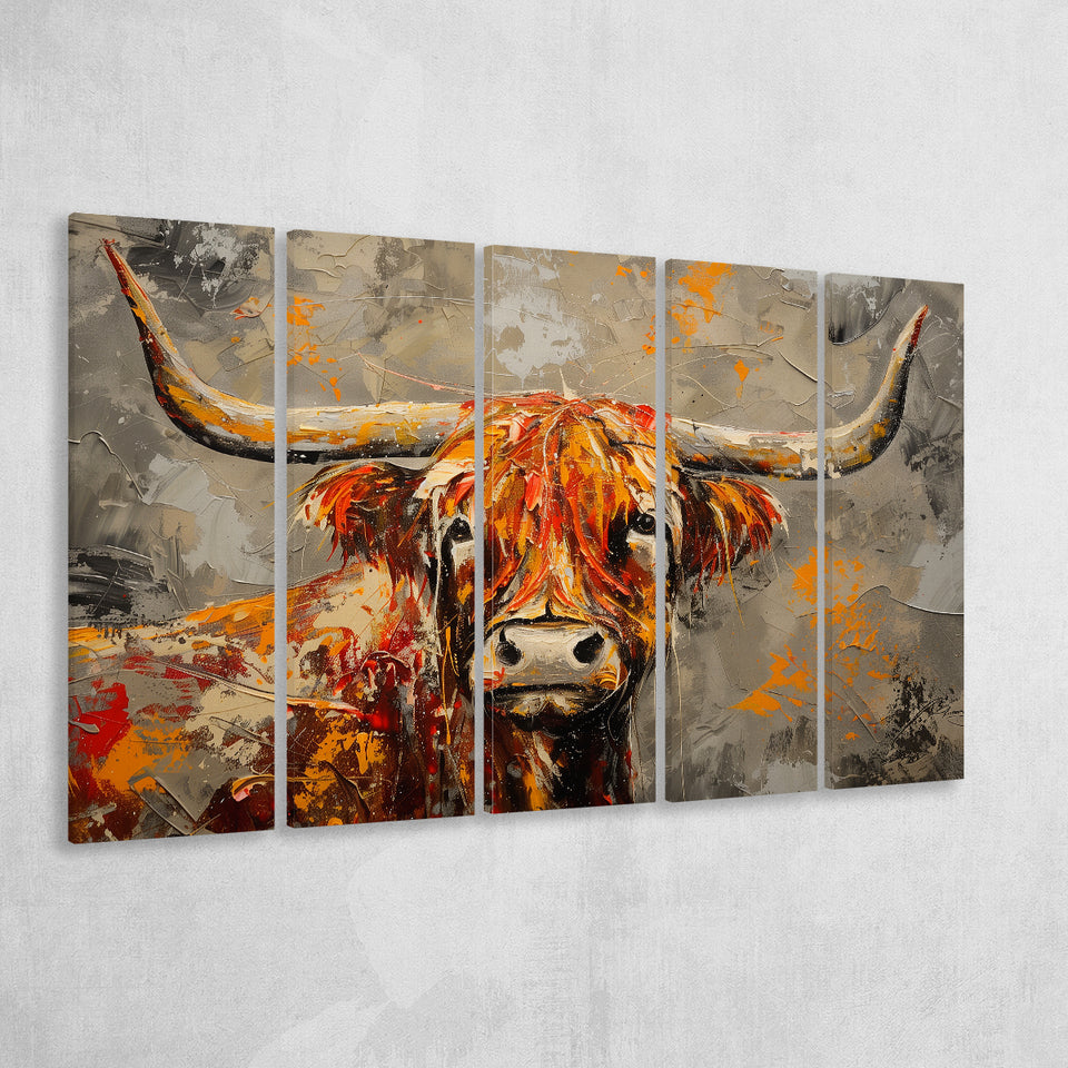 Highland Cow Longhorn Vintage Old Painting Style, Mixed 5 Panel B Canvas Print Wall Art Decor, Extra Large Painting Canvas