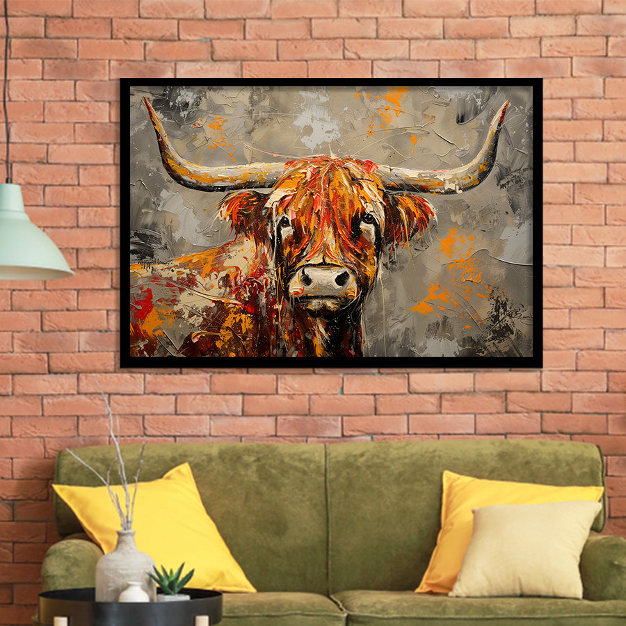 Highland Cow Longhorn Vintage Old Painting Style, Framed Art Print Wall Decor, Picture Framed Painting Art