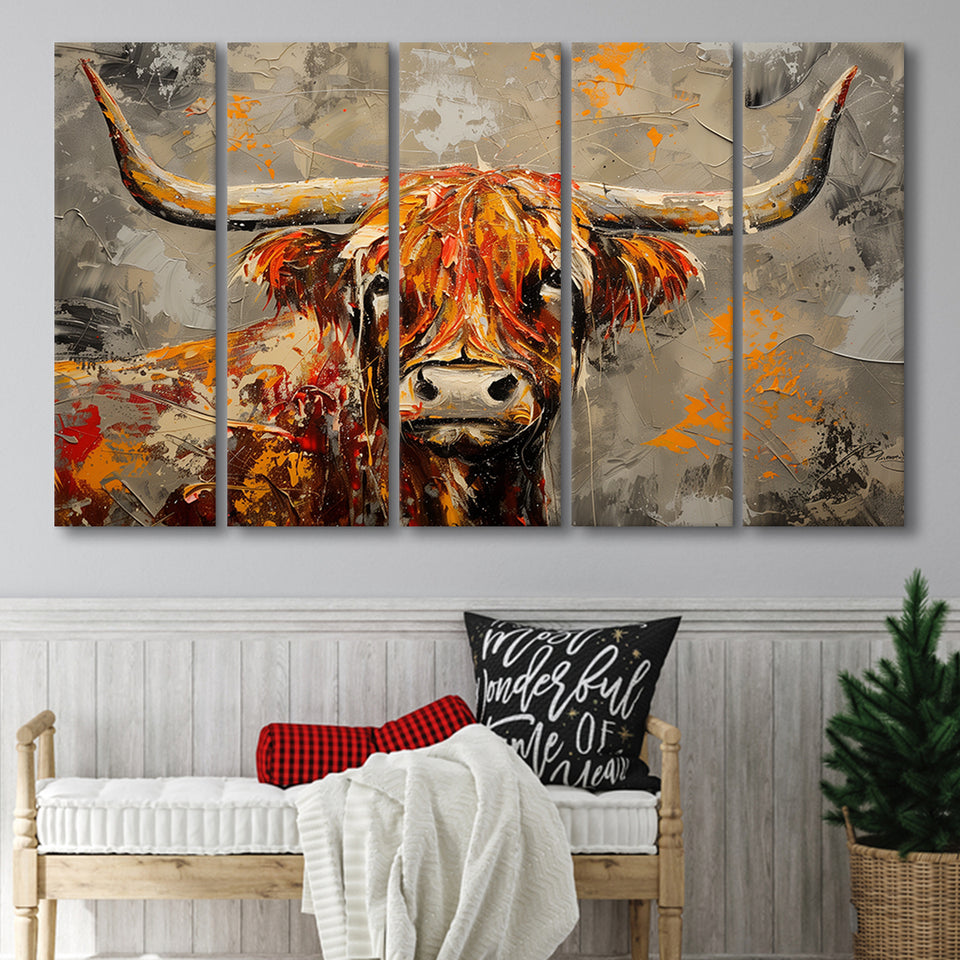 Highland Cow Longhorn Vintage Old Painting Style, Mixed 5 Panel B Canvas Print Wall Art Decor, Extra Large Painting Canvas