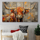 Highland Cow Longhorn Vintage Old Painting Style, Mixed 5 Panel B Canvas Print Wall Art Decor, Extra Large Painting Canvas