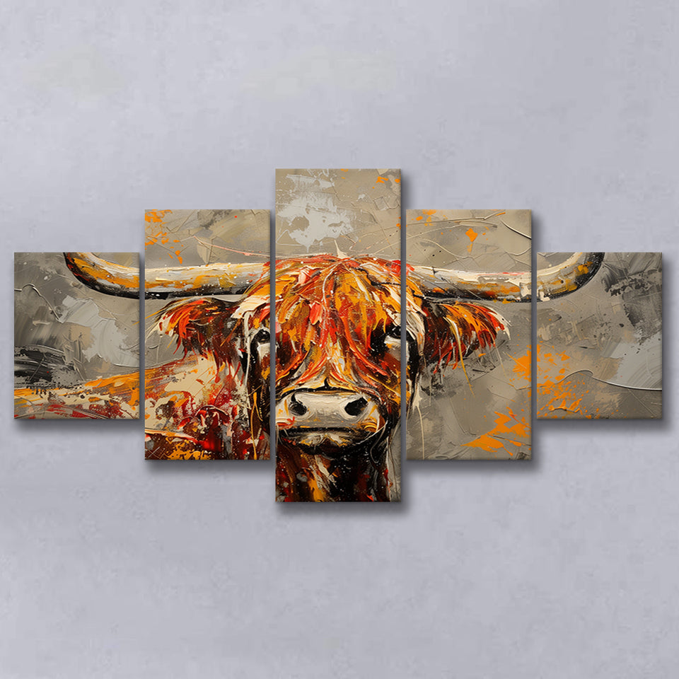 Highland Cow Longhorn Vintage Old Painting Style, Mixed 5 Panel Canvas Print Wall Art Home Decor, Large Canvas Painting