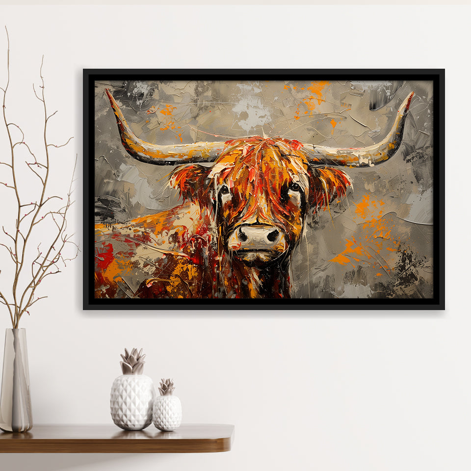 Highland Cow Longhorn Vintage Old Painting Style, Framed Canvas Print Wall Art Decor, Floating Frame Painting Canvas