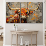 Highland Cow Longhorn Vintage Old Painting Style, Mixed 5 Panel B Canvas Print Wall Art Decor, Extra Large Painting Canvas