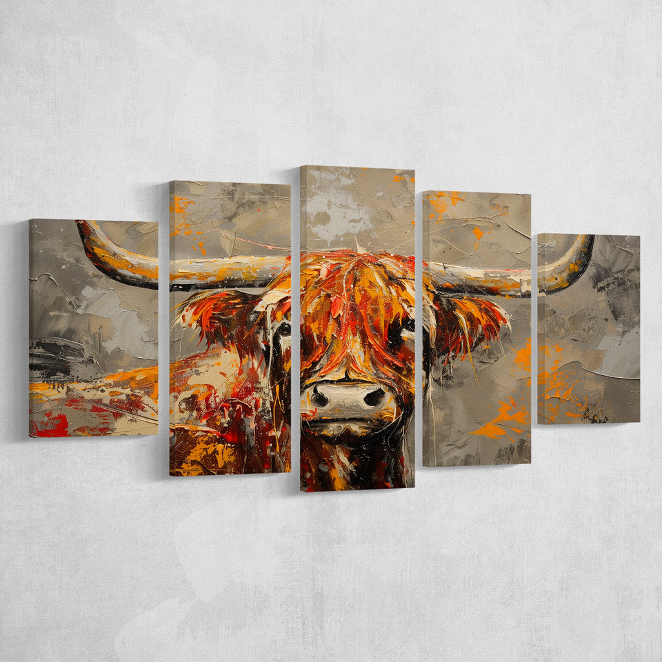 Highland Cow Longhorn Vintage Old Painting Style, Mixed 5 Panel Canvas Print Wall Art Home Decor, Large Canvas Painting