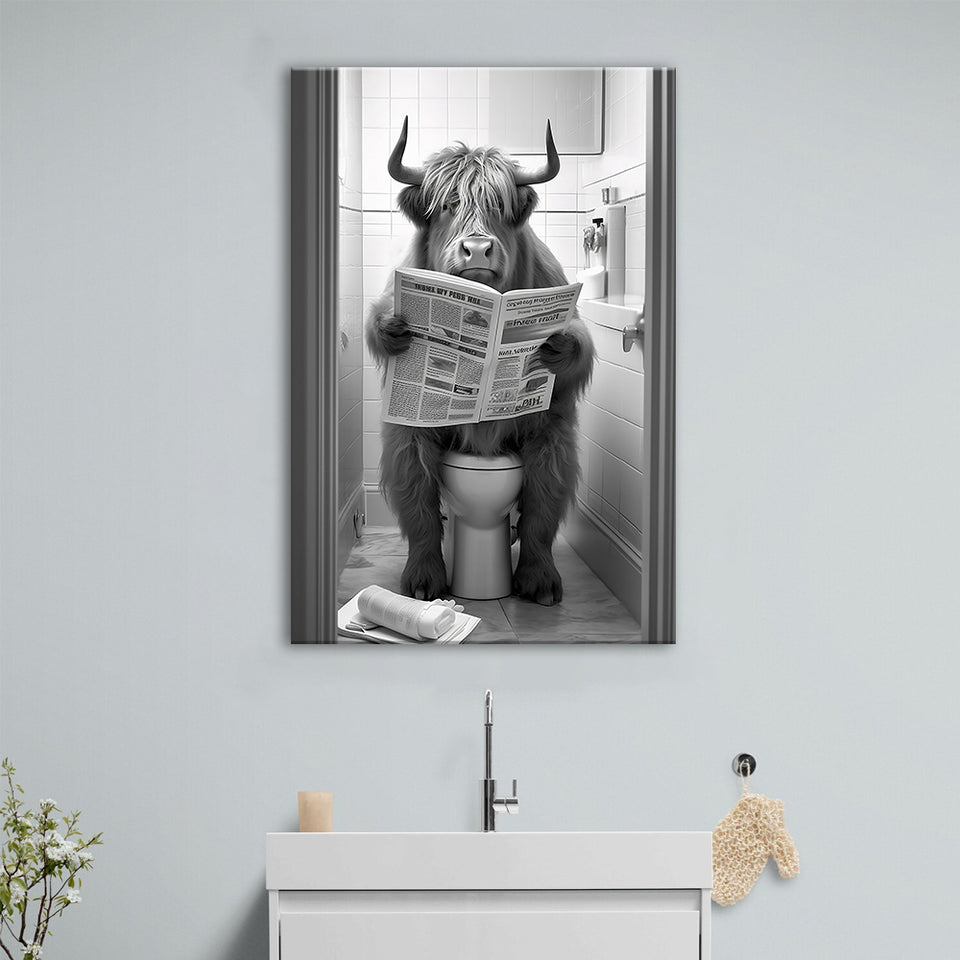 Highland Cow Sitting on the Toilet Reading a Newspaper Canvas Prints Wall Art, Funny Animal Print, Home Printable