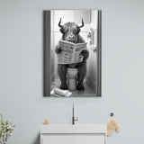 Highland Cow Sitting on the Toilet Reading a Newspaper Canvas Prints Wall Art, Funny Animal Print, Home Printable