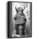 Highland Cow Sitting On The Toilet Reading A Newspaper Framed Canvas Prints Wall Art, Funny Animal Print, Home Printable