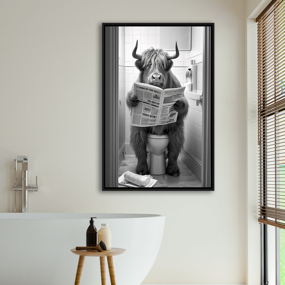 Highland Cow Sitting On The Toilet Reading A Newspaper Framed Canvas Prints Wall Art, Funny Animal Print, Home Printable