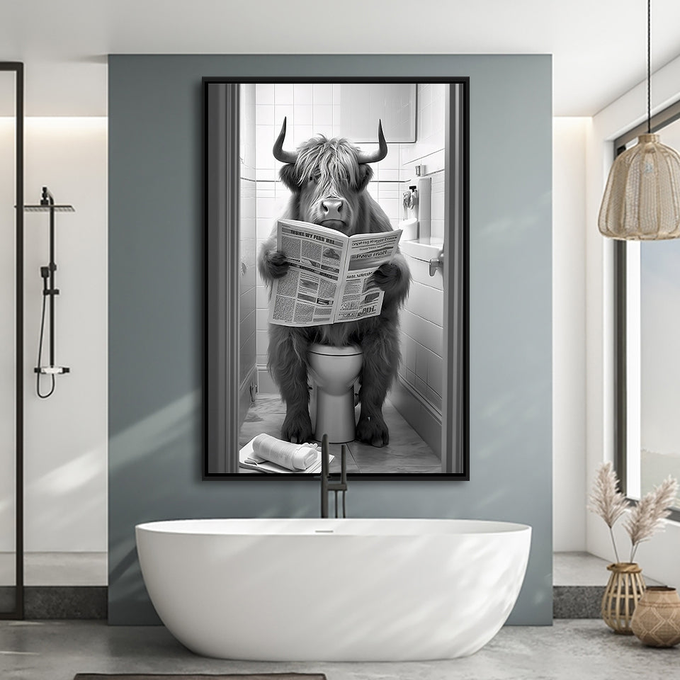 Highland Cow Sitting On The Toilet Reading A Newspaper Framed Canvas Prints Wall Art, Funny Animal Print, Home Printable