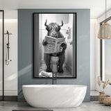 Highland Cow Sitting On The Toilet Reading A Newspaper Framed Canvas Prints Wall Art, Funny Animal Print, Home Printable
