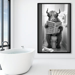 Highland Cow Sitting On The Toilet Reading A Newspaper Framed Art Print Wall Decor, Funny Animal Print, Home Printable