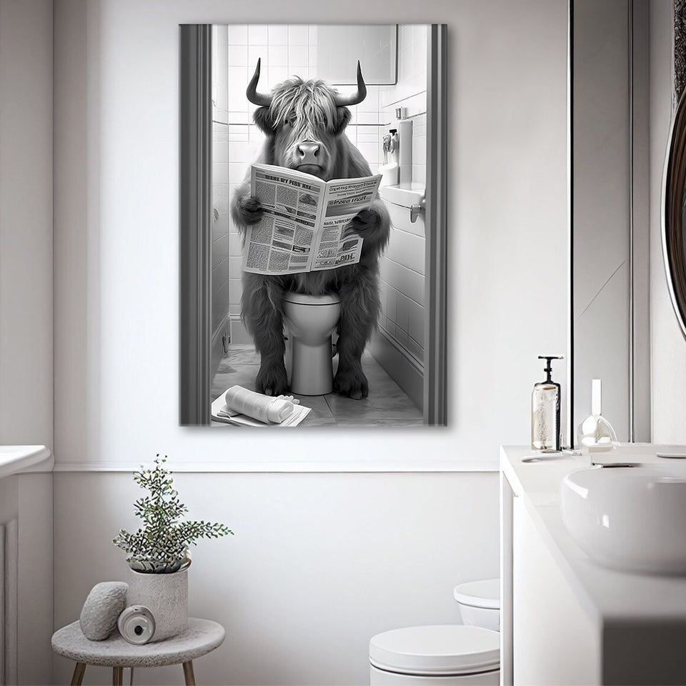 Highland Cow Sitting on the Toilet Reading a Newspaper Canvas Prints Wall Art, Funny Animal Print, Home Printable