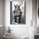 Highland Cow Sitting on the Toilet Reading a Newspaper Canvas Prints Wall Art, Funny Animal Print, Home Printable