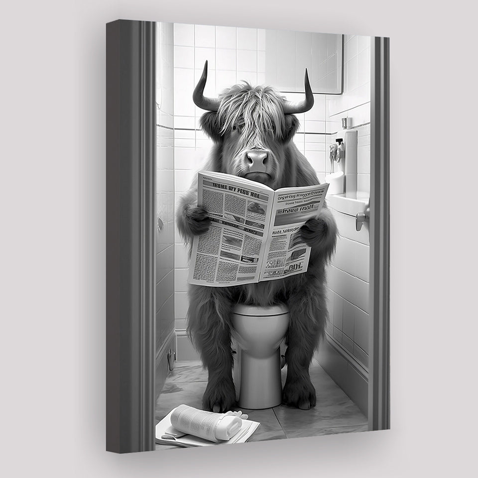 Highland Cow Sitting on the Toilet Reading a Newspaper Canvas Prints Wall Art, Funny Animal Print, Home Printable