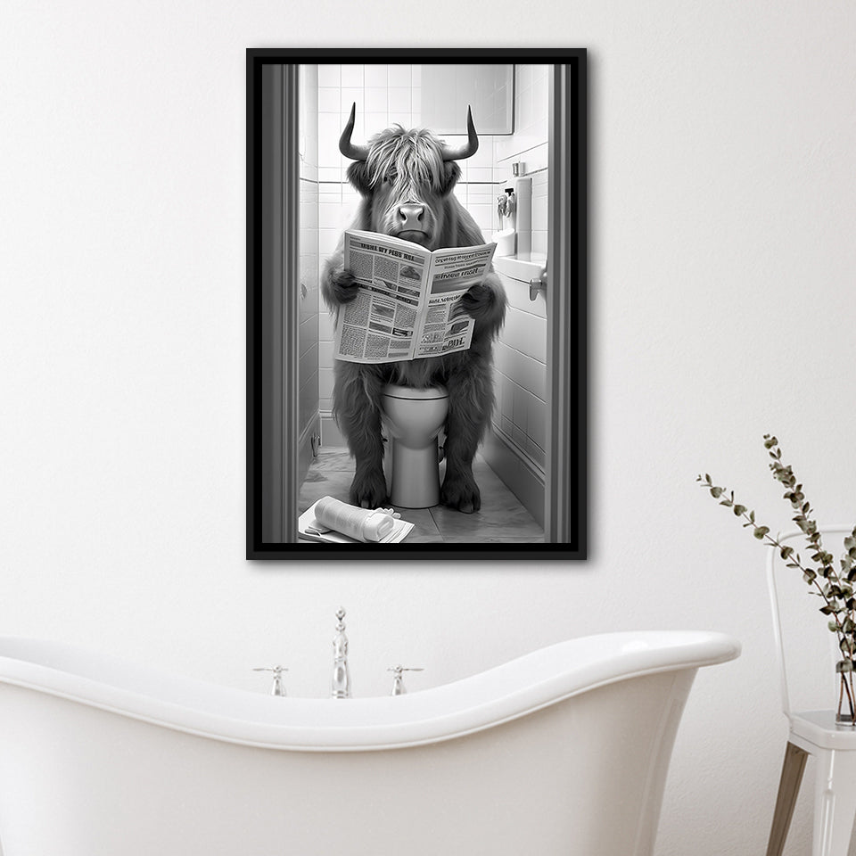 Highland Cow Sitting On The Toilet Reading A Newspaper Framed Canvas Prints Wall Art, Funny Animal Print, Home Printable