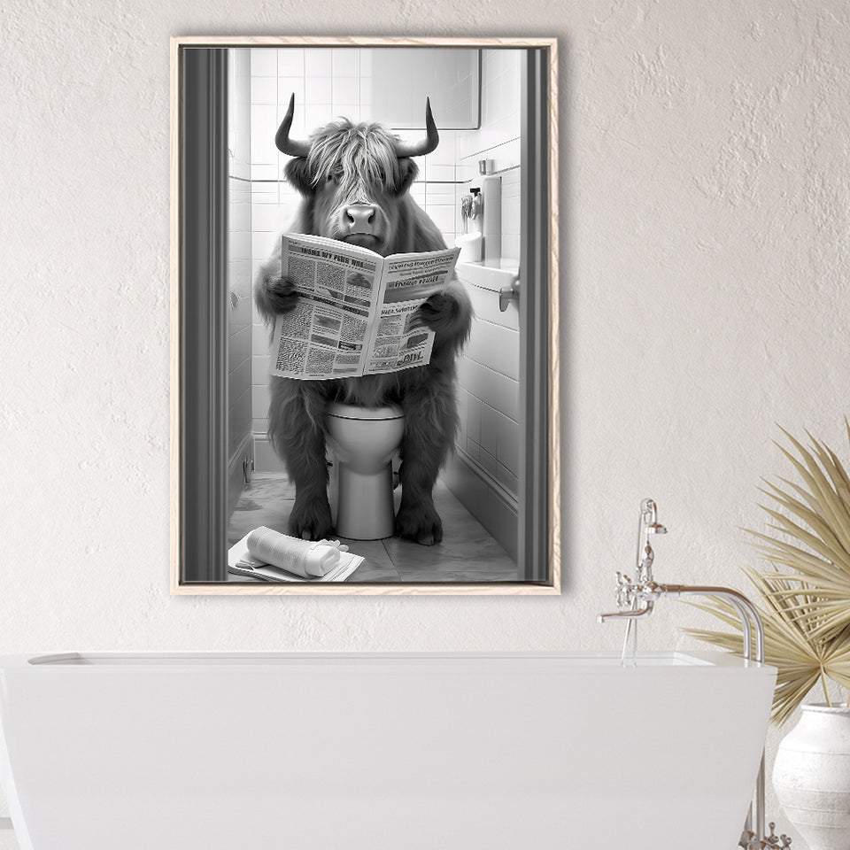 Highland Cow Sitting On The Toilet Reading A Newspaper Framed Canvas Prints Wall Art, Funny Animal Print, Home Printable