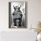 Highland Cow Sitting On The Toilet Reading A Newspaper Framed Canvas Prints Wall Art, Funny Animal Print, Home Printable