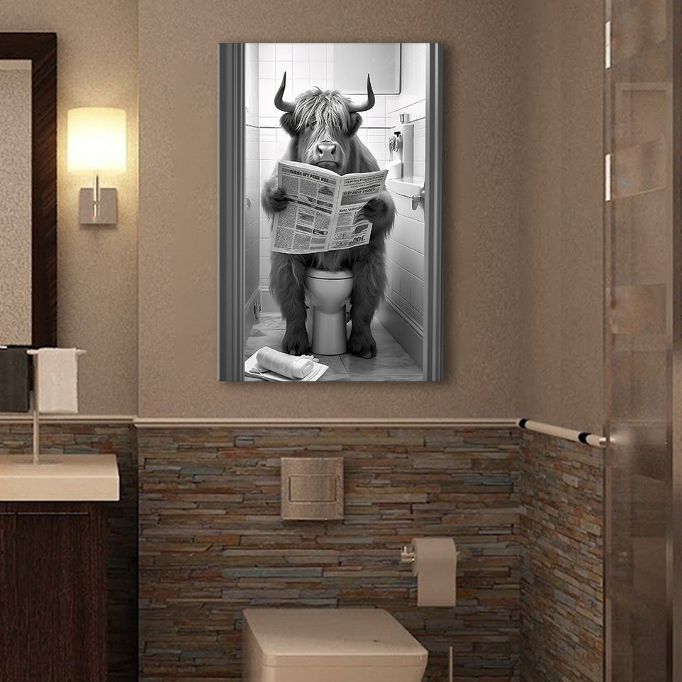 Highland Cow Sitting on the Toilet Reading a Newspaper Canvas Prints Wall Art, Funny Animal Print, Home Printable