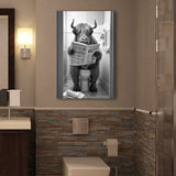 Highland Cow Sitting on the Toilet Reading a Newspaper Canvas Prints Wall Art, Funny Animal Print, Home Printable