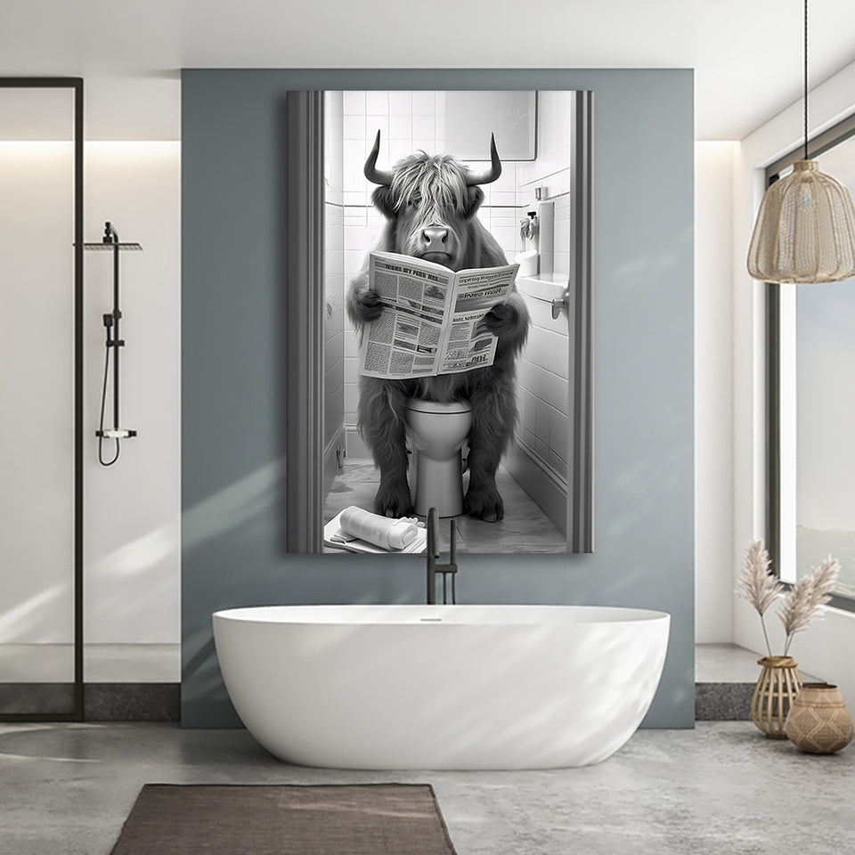 Highland Cow Sitting on the Toilet Reading a Newspaper Canvas Prints Wall Art, Funny Animal Print, Home Printable