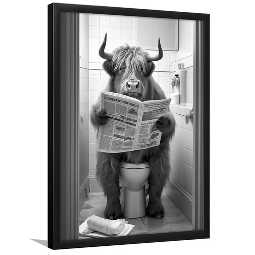 Highland Cow Sitting On The Toilet Reading A Newspaper Framed Art Print Wall Decor, Funny Animal Print, Home Printable