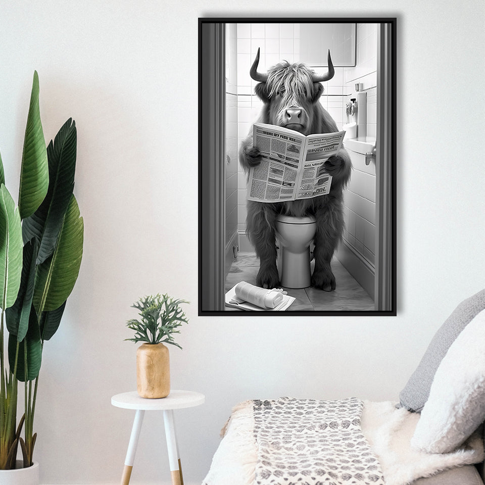 Highland Cow Sitting On The Toilet Reading A Newspaper Framed Canvas Prints Wall Art, Funny Animal Print, Home Printable