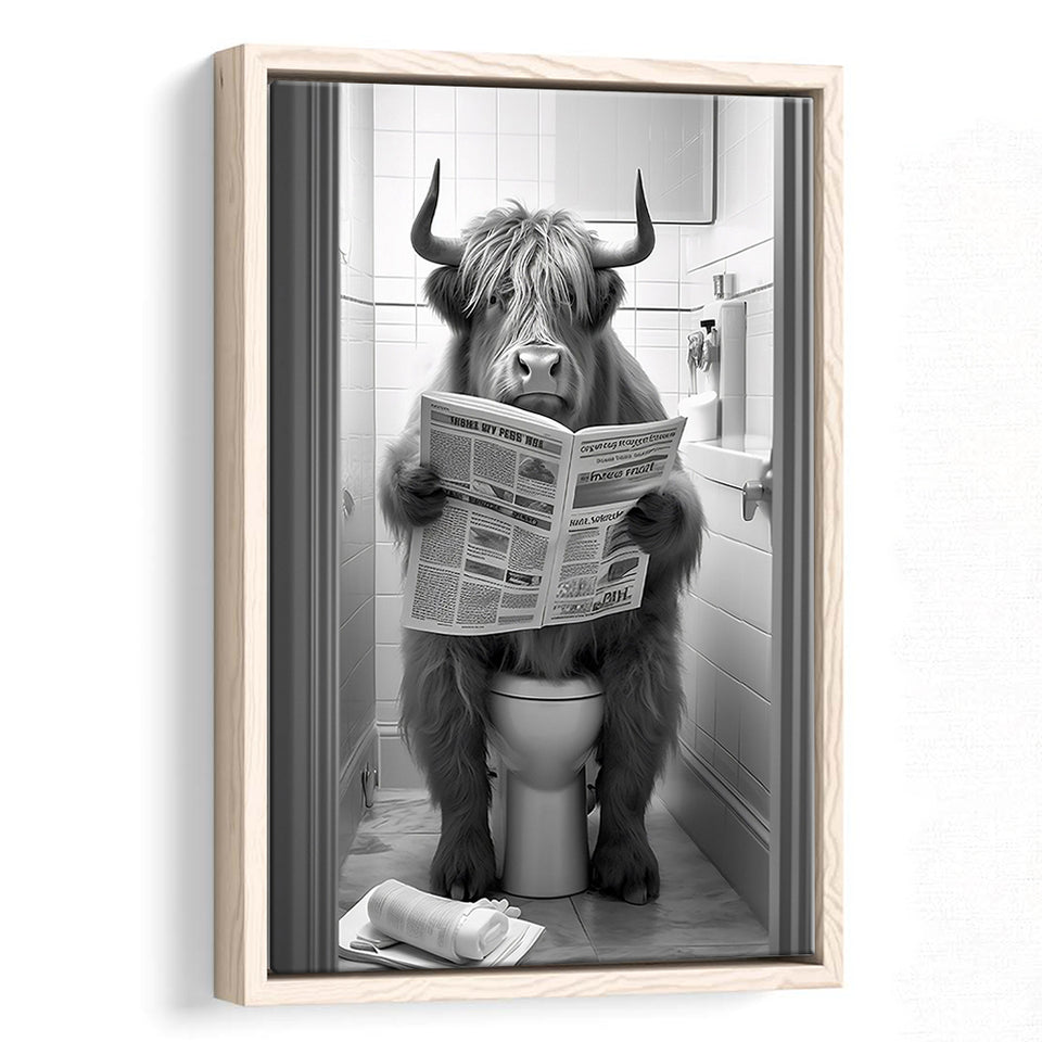 Highland Cow Sitting On The Toilet Reading A Newspaper Framed Canvas Prints Wall Art, Funny Animal Print, Home Printable