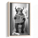 Highland Cow Sitting On The Toilet Reading A Newspaper Framed Canvas Prints Wall Art, Funny Animal Print, Home Printable