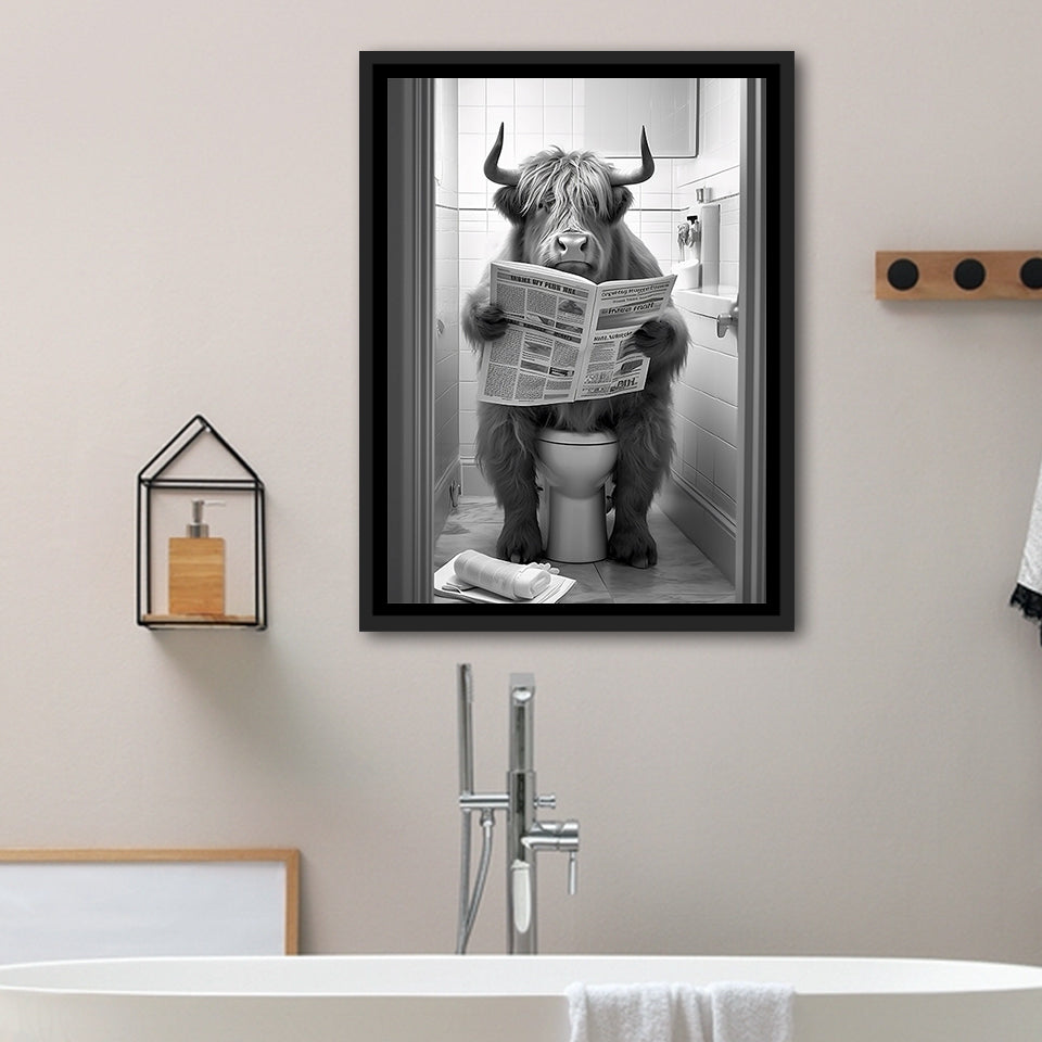 Highland Cow Sitting On The Toilet Reading A Newspaper Framed Canvas Prints Wall Art, Funny Animal Print, Home Printable