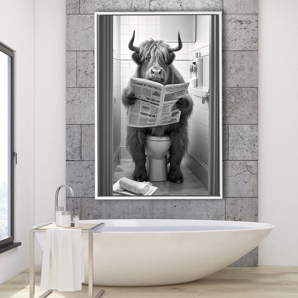 Highland Cow Sitting On The Toilet Reading A Newspaper Framed Canvas Prints Wall Art, Funny Animal Print, Home Printable