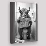 Highland Cow Sitting on the Toilet Reading a Newspaper Canvas Prints Wall Art, Funny Animal Print, Home Printable
