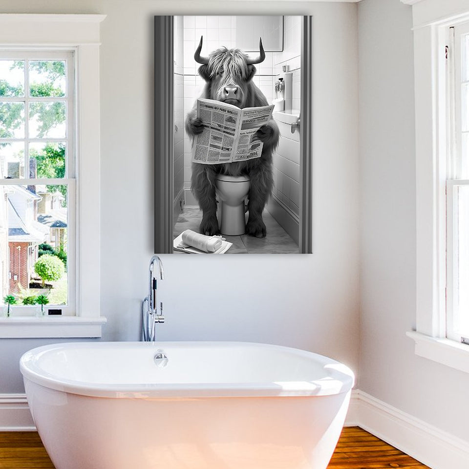Highland Cow Sitting on the Toilet Reading a Newspaper Canvas Prints Wall Art, Funny Animal Print, Home Printable