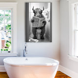 Highland Cow Sitting on the Toilet Reading a Newspaper Canvas Prints Wall Art, Funny Animal Print, Home Printable