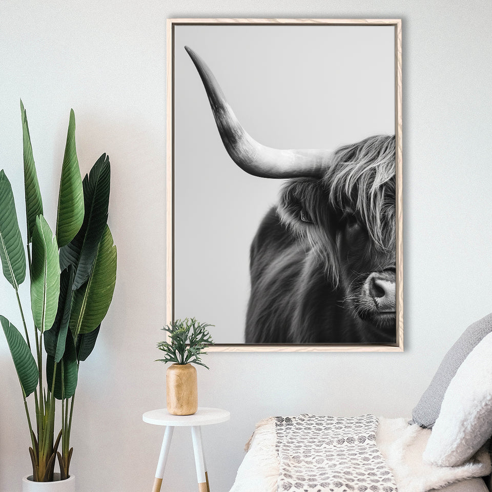 Highland Cow With Longhorn Portrait Half Of Face V1, Framed Canvas Painting, Framed Canvas Prints Wall Art Decor