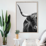 Highland Cow With Longhorn Portrait Half Of Face V1, Framed Canvas Painting, Framed Canvas Prints Wall Art Decor