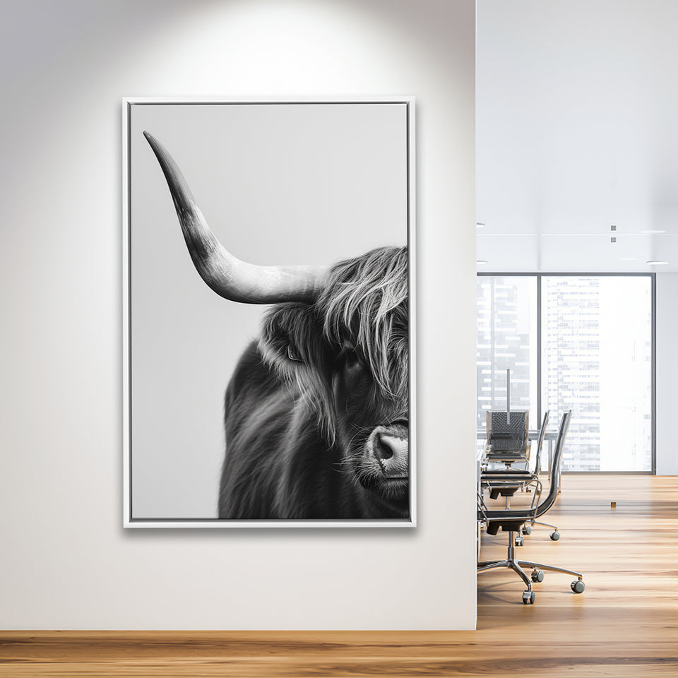 Highland Cow With Longhorn Portrait Half Of Face V1, Framed Canvas Painting, Framed Canvas Prints Wall Art Decor