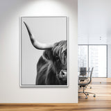 Highland Cow With Longhorn Portrait Half Of Face V1, Framed Canvas Painting, Framed Canvas Prints Wall Art Decor