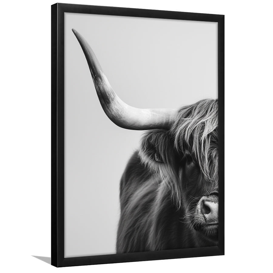 Highland Cow With Longhorn Portrait Half Of Face V1, Framed Art Print Wall Decor, Framed Picture