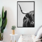 Highland Cow With Longhorn Portrait Half Of Face V1, Framed Canvas Painting, Framed Canvas Prints Wall Art Decor
