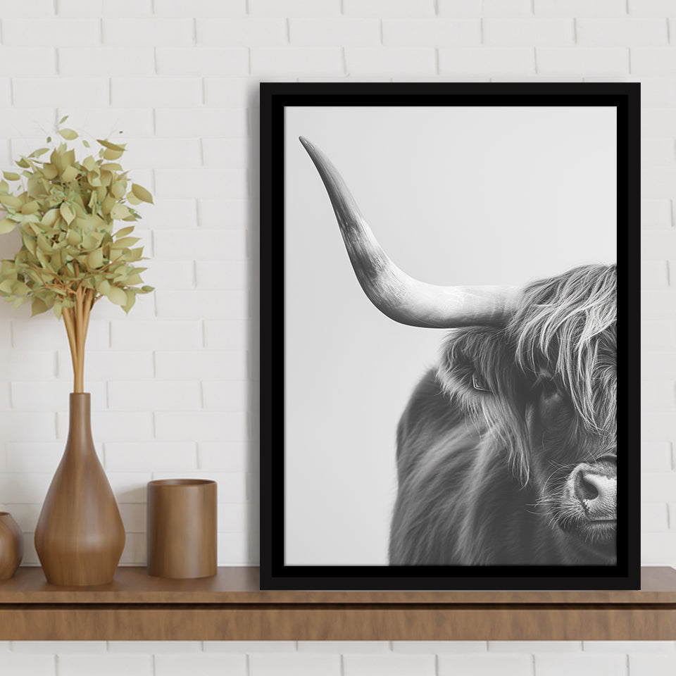 Highland Cow With Longhorn Portrait Half Of Face V1, Framed Canvas Painting, Framed Canvas Prints Wall Art Decor