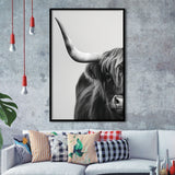 Highland Cow With Longhorn Portrait Half Of Face V1, Framed Art Print Wall Decor, Framed Picture