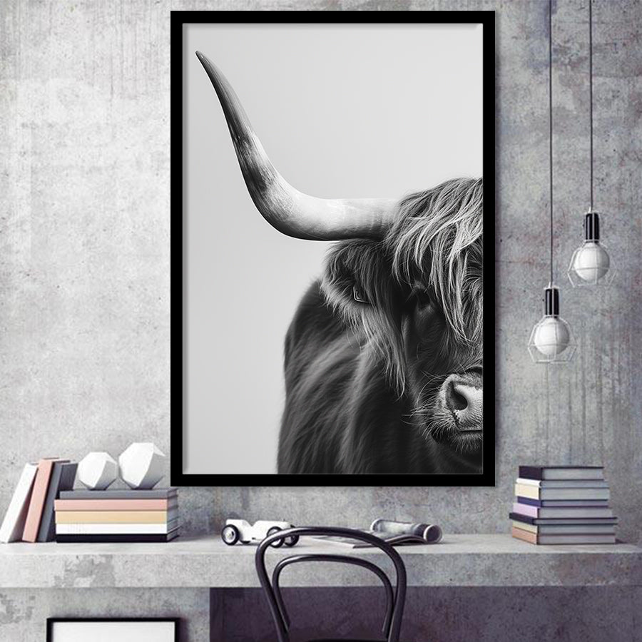 Highland Cow With Longhorn Portrait Half Of Face V1, Framed Art Print Wall Decor, Framed Picture