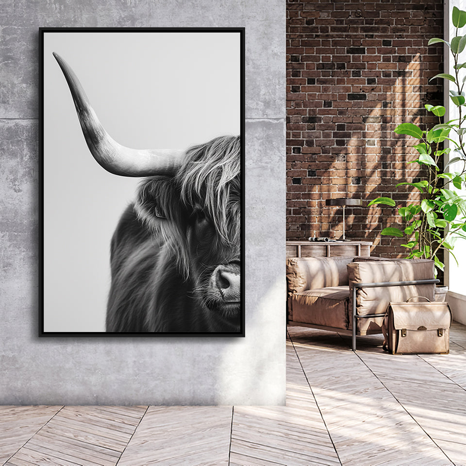 Highland Cow With Longhorn Portrait Half Of Face V1, Framed Canvas Painting, Framed Canvas Prints Wall Art Decor