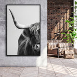 Highland Cow With Longhorn Portrait Half Of Face V1, Framed Canvas Painting, Framed Canvas Prints Wall Art Decor
