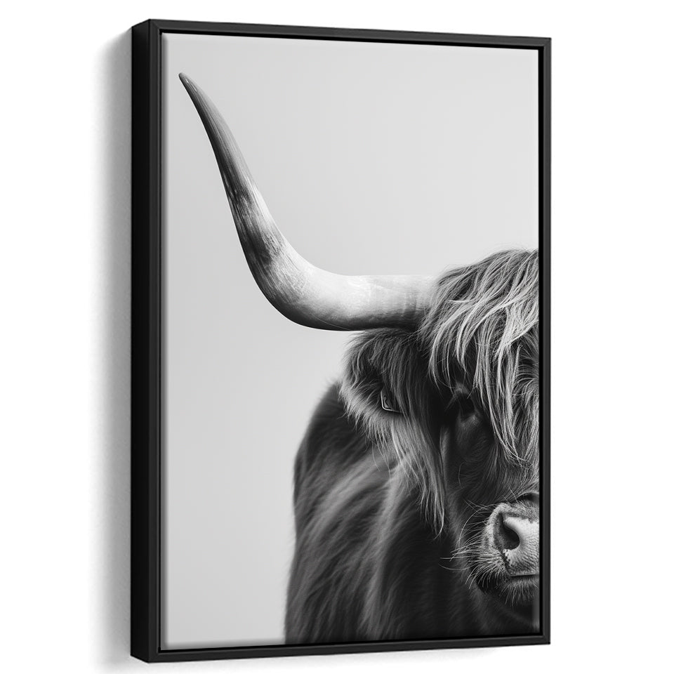 Highland Cow With Longhorn Portrait Half Of Face V1, Framed Canvas Painting, Framed Canvas Prints Wall Art Decor