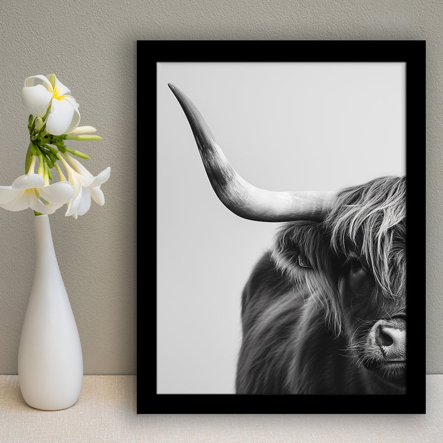 Highland Cow With Longhorn Portrait Half Of Face V1, Framed Art Print Wall Decor, Framed Picture